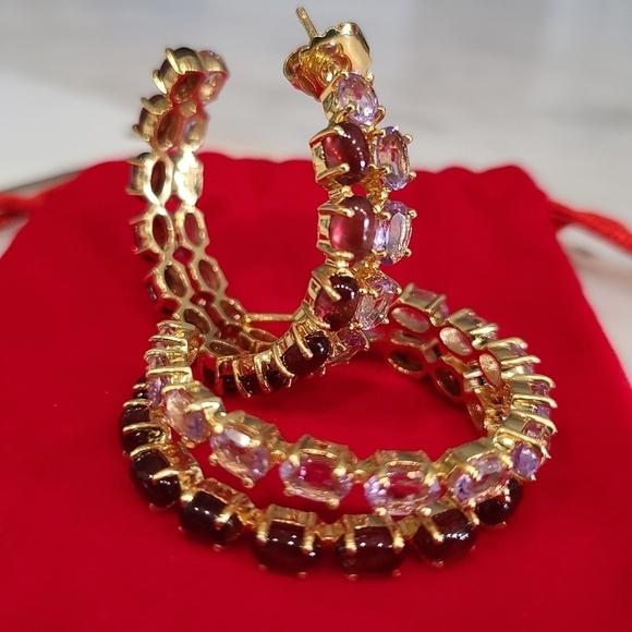 Bounkit Magaly Hoop Earrings, Amethyst | Garnet | Goldtone, NWT - Picture 7 of 15